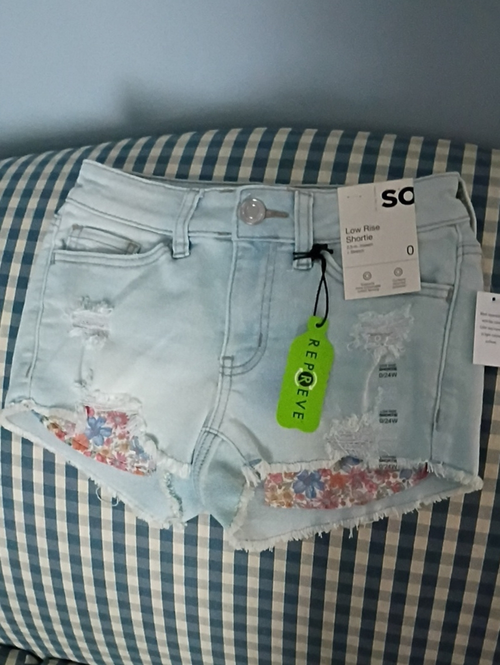 Light Blue Distressed Low-Rise Denim Shortie with Floral Pockets